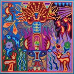 Traditional Huichol yarn painting and beadwork depicting the stories of Los Huichols.