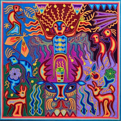Traditional Huichol yarn painting and beadwork depicting the stories of Los Huichols.